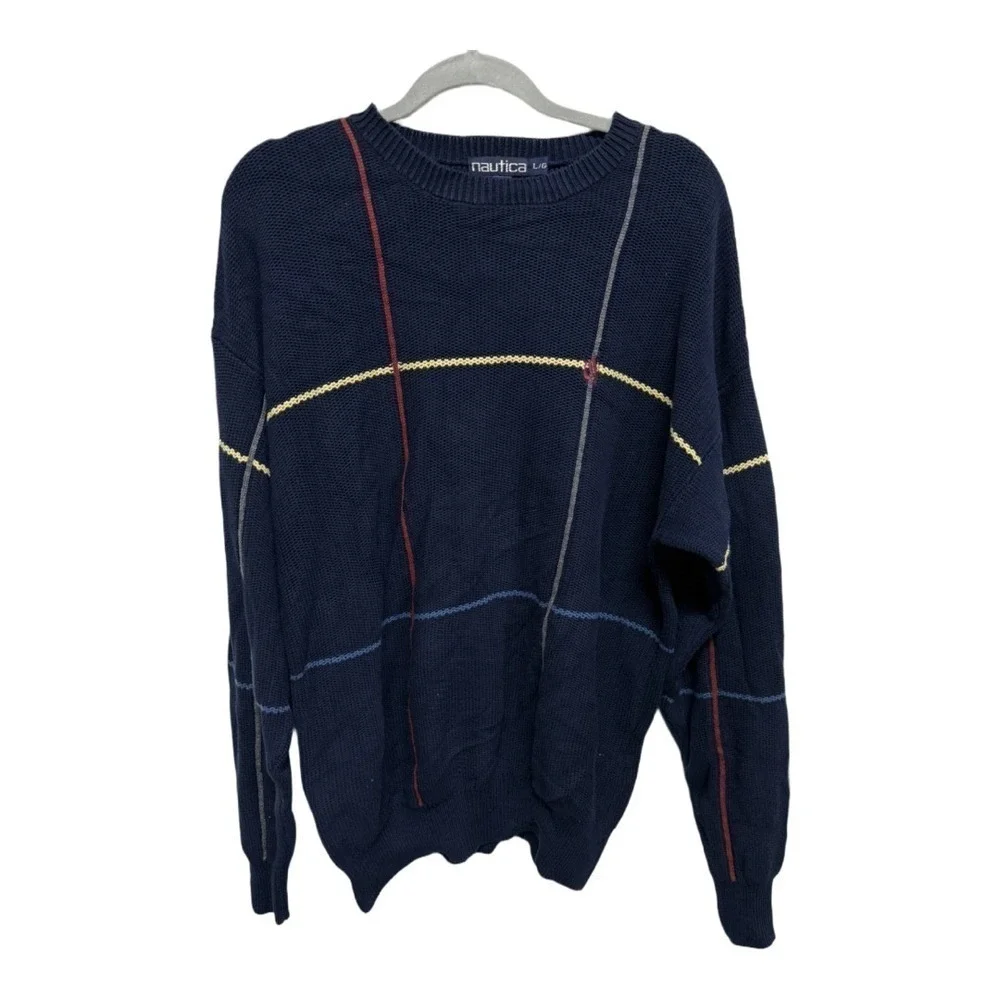 Nautica Dark Blue Grid Stripe Pullover Sweater Heavy Cotton Knit Preppy Retro L